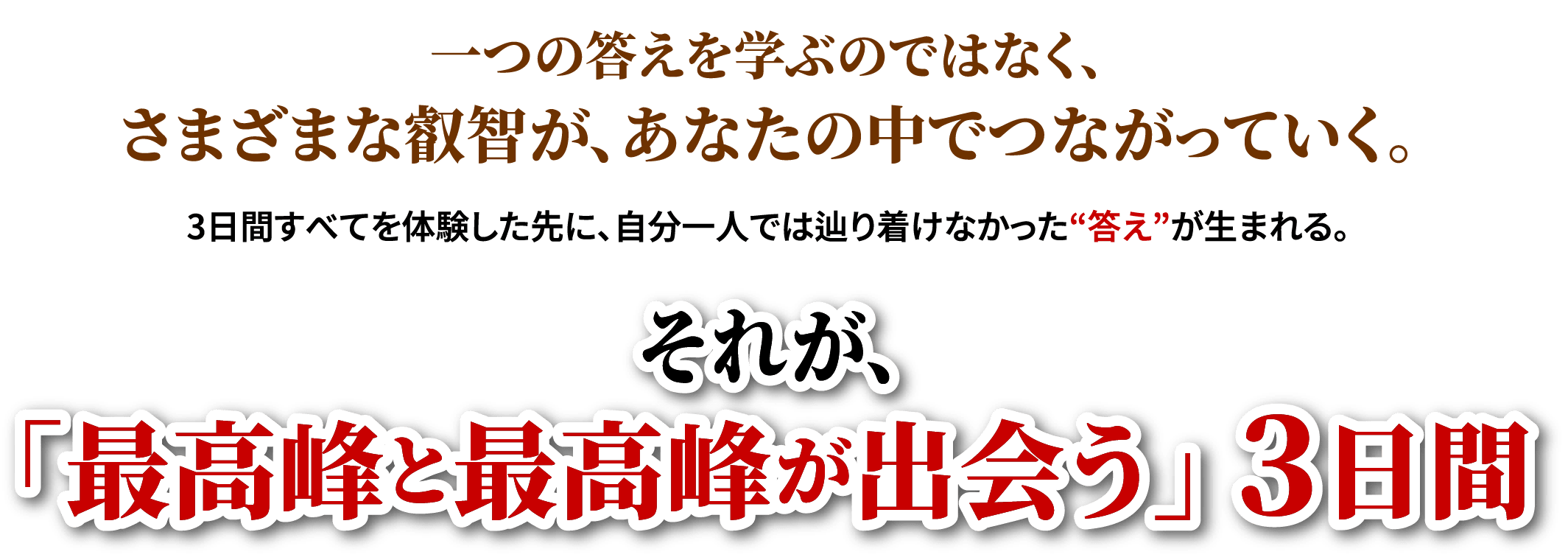一つの答えを学ぶのではなく、さまざまな叡智が、あなたの中でつながっていく。3日間すべてを体験した先に、自分一人では辿り着けなかった“答え”が生まれる。それが、「最高峰と最高峰が出会う」3日間